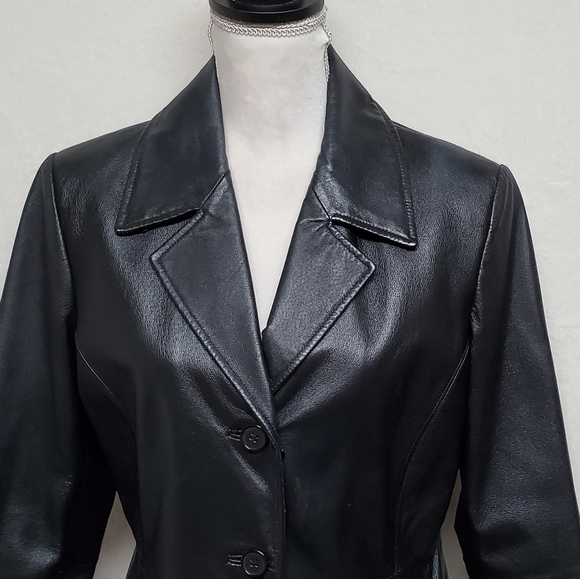 VINTAGE Worthington Black Textured Leather Button Up Quilted Blazer Jacket M - Picture 5 of 15
